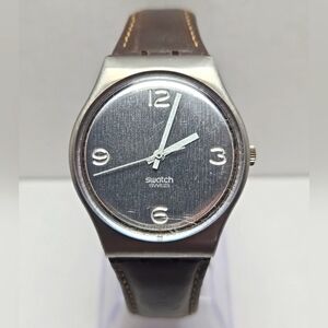 Mens Swatch GX114 Country Side AG 1989 Chrome Dial Watch Leather New Battery